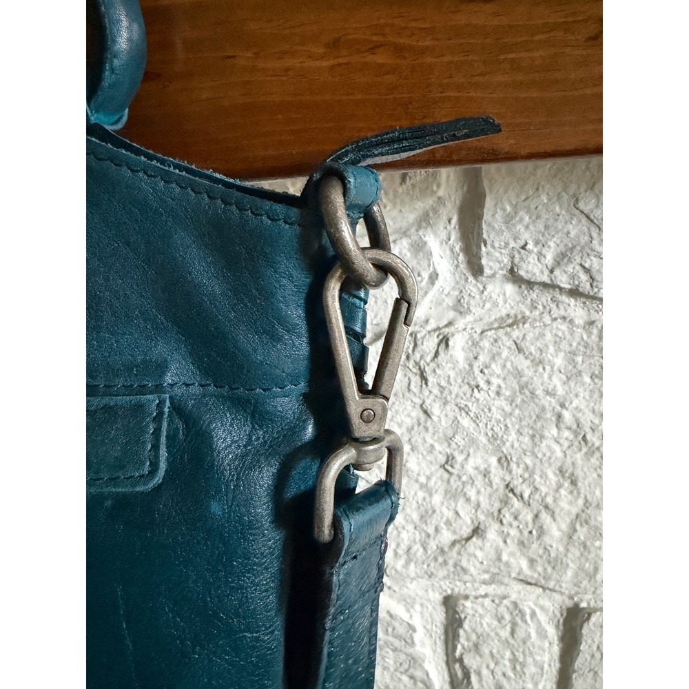 Vintage Latico Teal Leather Handbag Whipstitch Crossbody Tote Geometric Detail - Picture 8 of 17